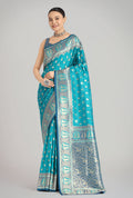Turquoise Blue traditional Banarasi silk saree with intricate gold zari woven patterns