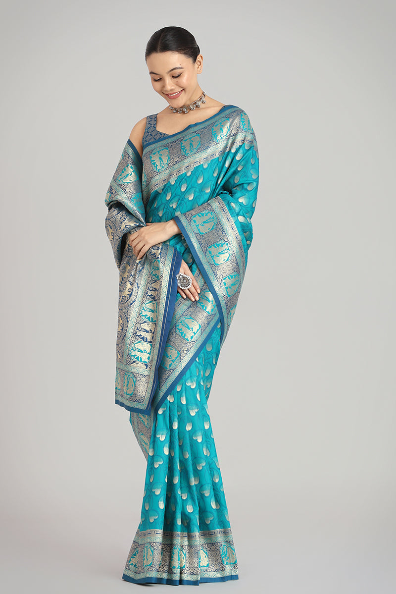 Turquoise Blue Banarasi Silk Saree with Traditional Zari Weaving