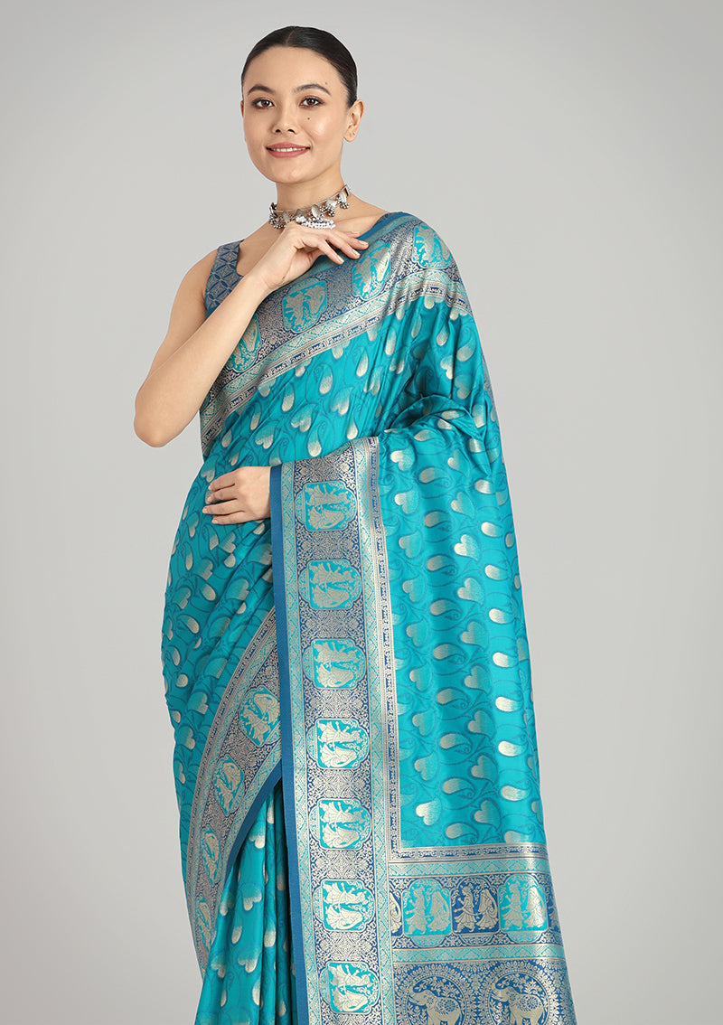 Turquoise Blue Banarasi Silk Saree with Traditional Zari Weaving