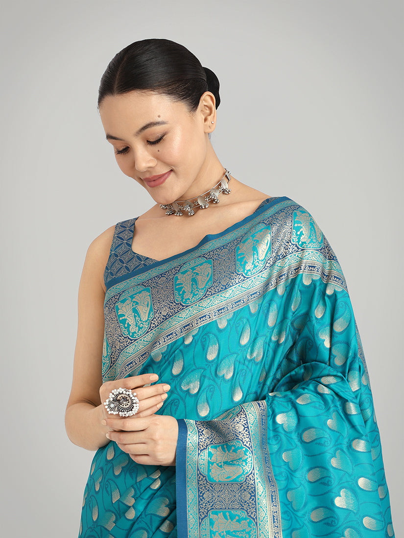 Turquoise Blue Banarasi Silk Saree with Traditional Zari Weaving