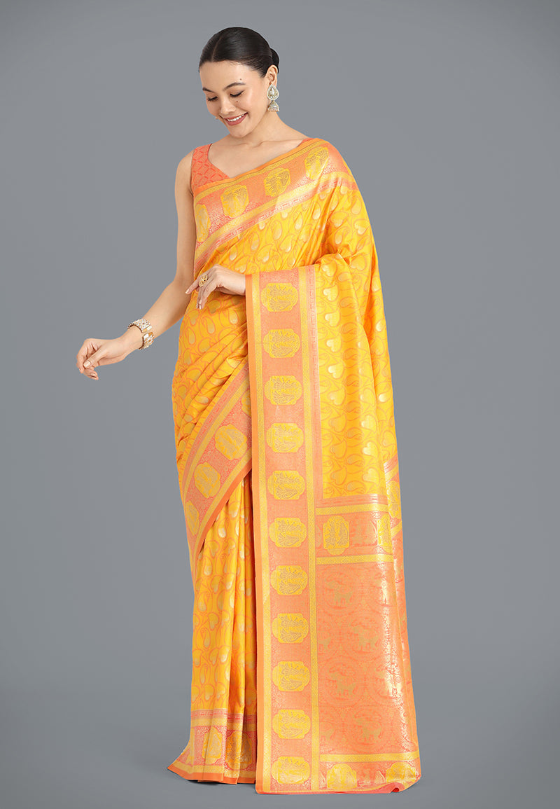 Yellow Traditional Banarasi Silk Saree with Zari Weaving