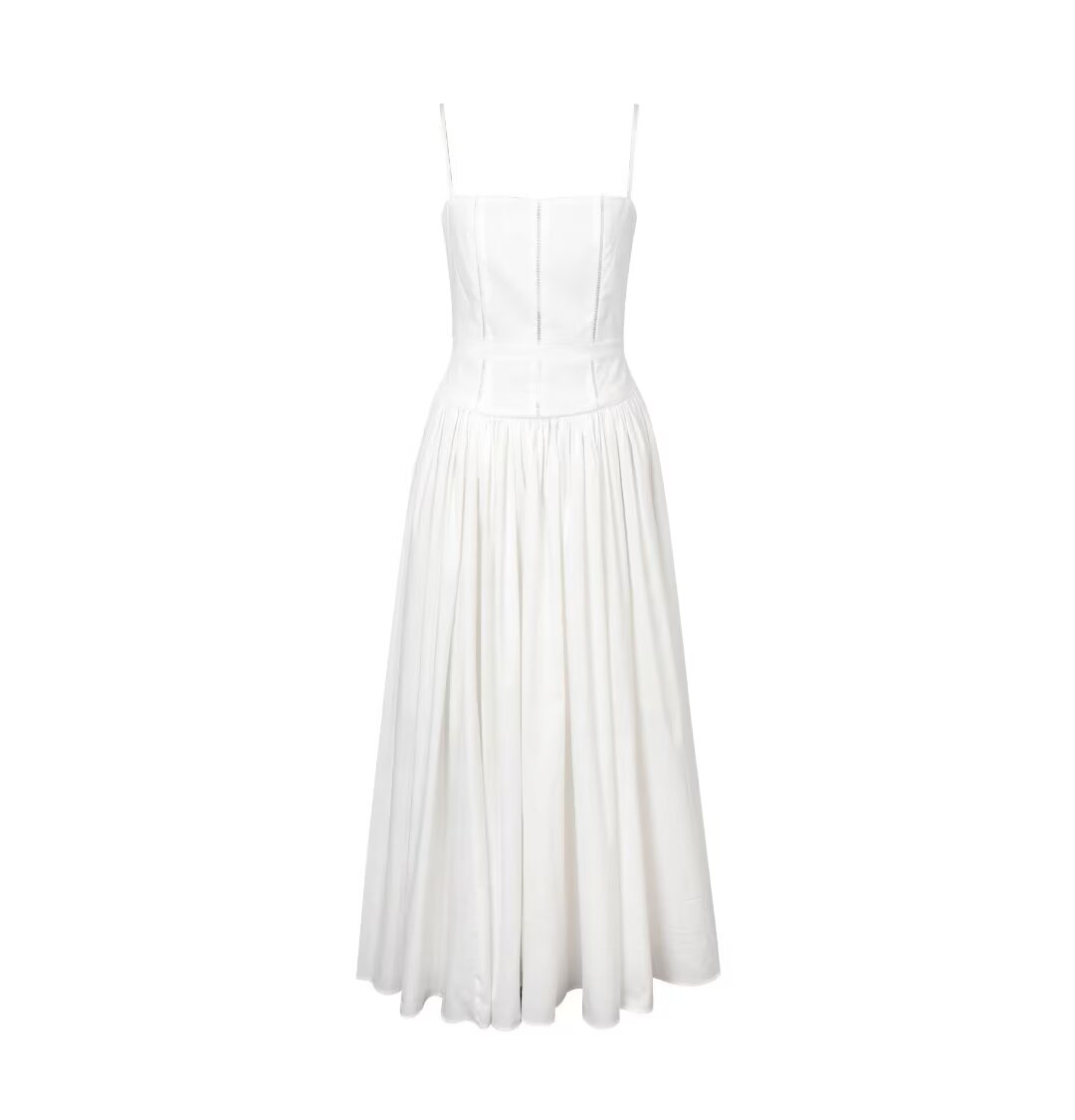 French Hollow Out Cutout Lace Band A Swing Sling Dress Women Summer Slim Fit Maxi Dress