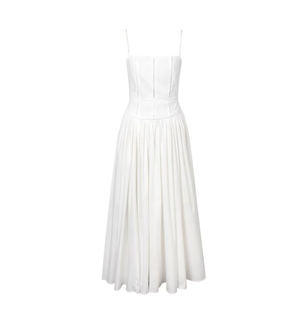 French Hollow Out Cutout Lace Band A Swing Sling Dress Women Summer Slim Fit Maxi Dress