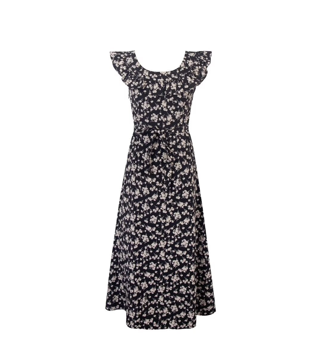 Floral Black Dress Women Spring Summer Mid Length Ruffled Dress