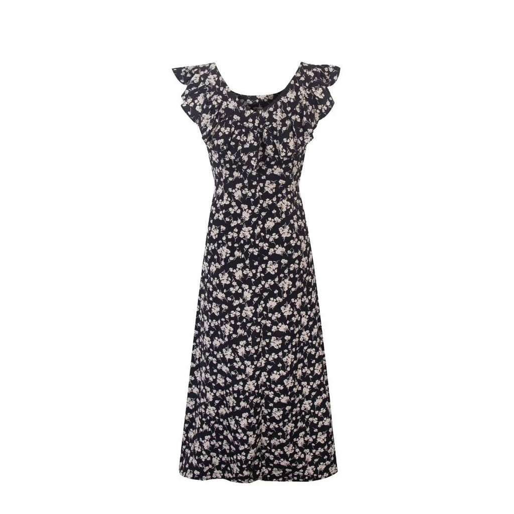 Floral Black Dress Women Spring Summer Mid Length Ruffled Dress
