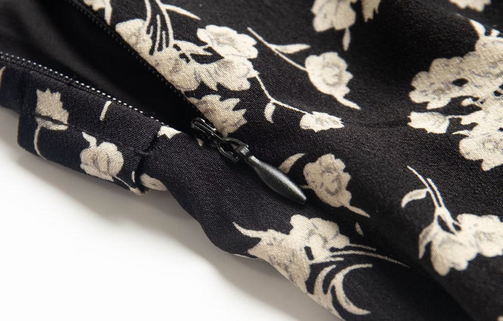 Floral Black Dress Women Spring Summer Mid Length Ruffled Dress