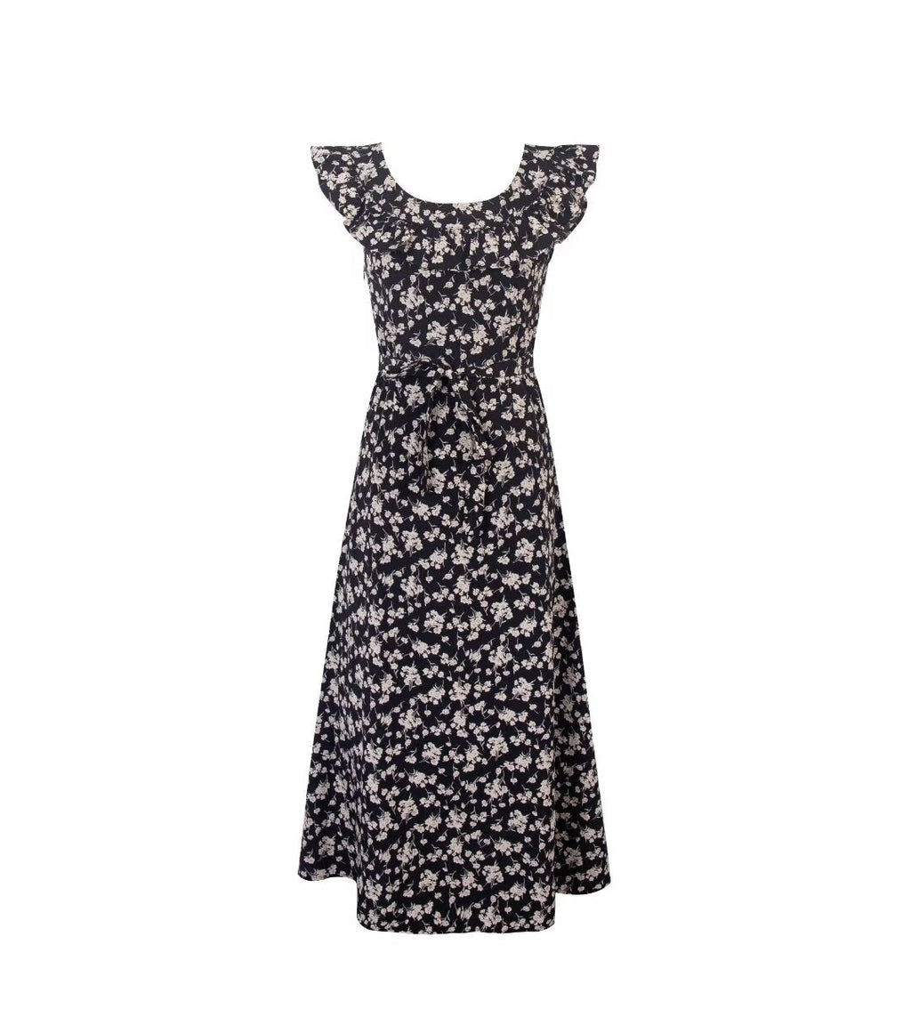 Floral Black Dress Women Spring Summer Mid Length Ruffled Dress