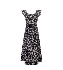 Floral Black Dress Women Spring Summer Mid Length Ruffled Dress