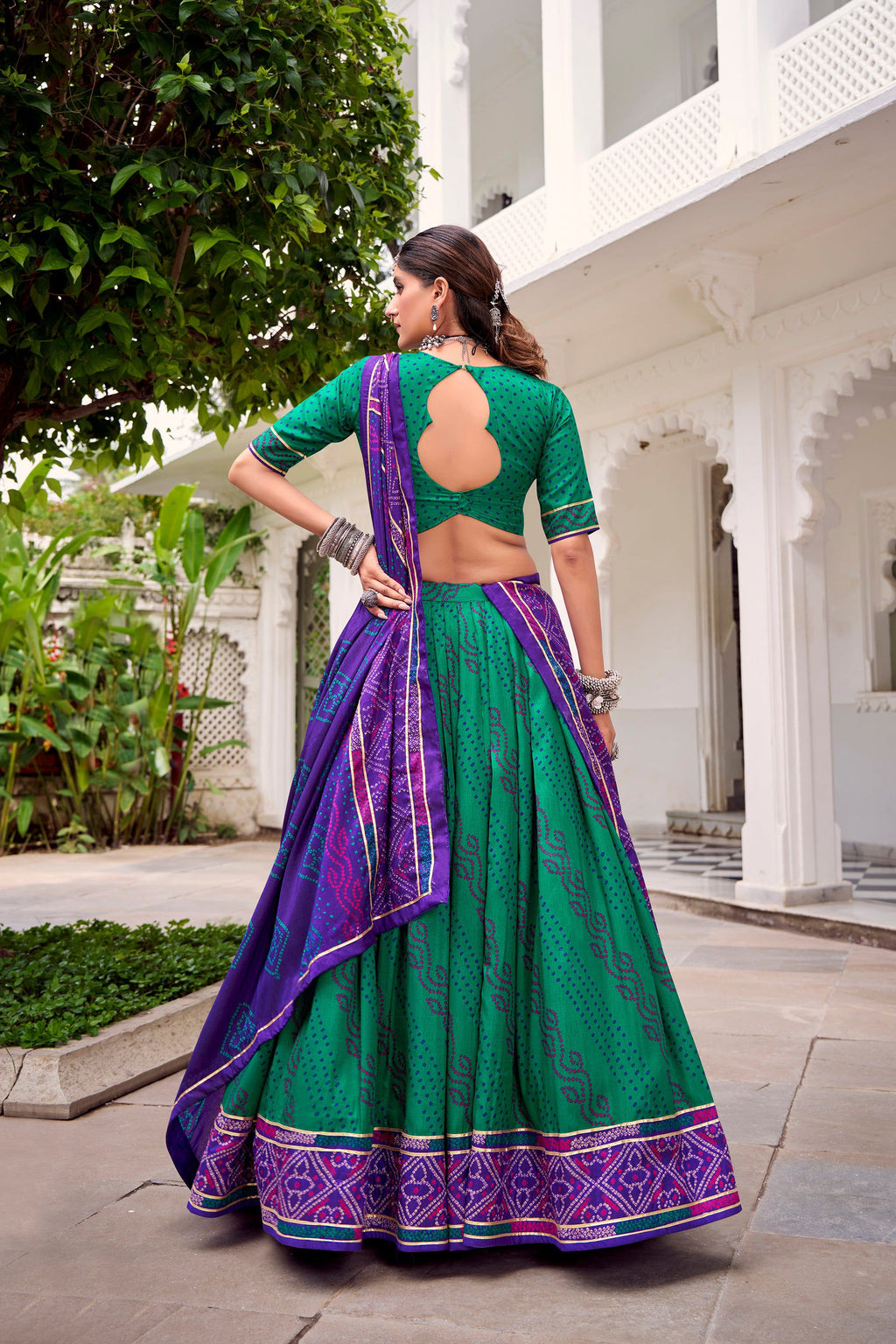 Lorenvalley Fashion Green Tasar Silk Bandhej Print With Gotta Patti Lace Touch Up Lehenga Choli with Dupatta