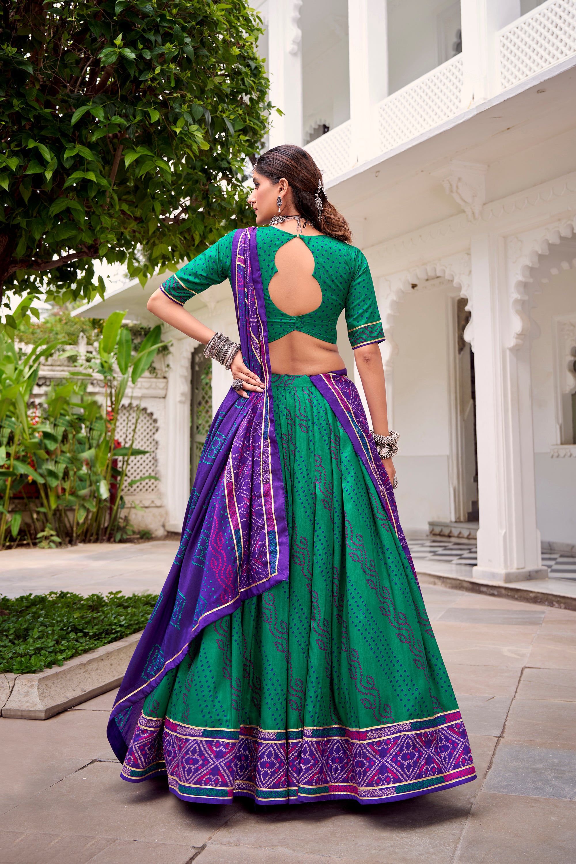 Lorenvalley Fashion Green Tasar Silk Bandhej Print With Gotta Patti Lace Touch Up Lehenga Choli with Dupatta