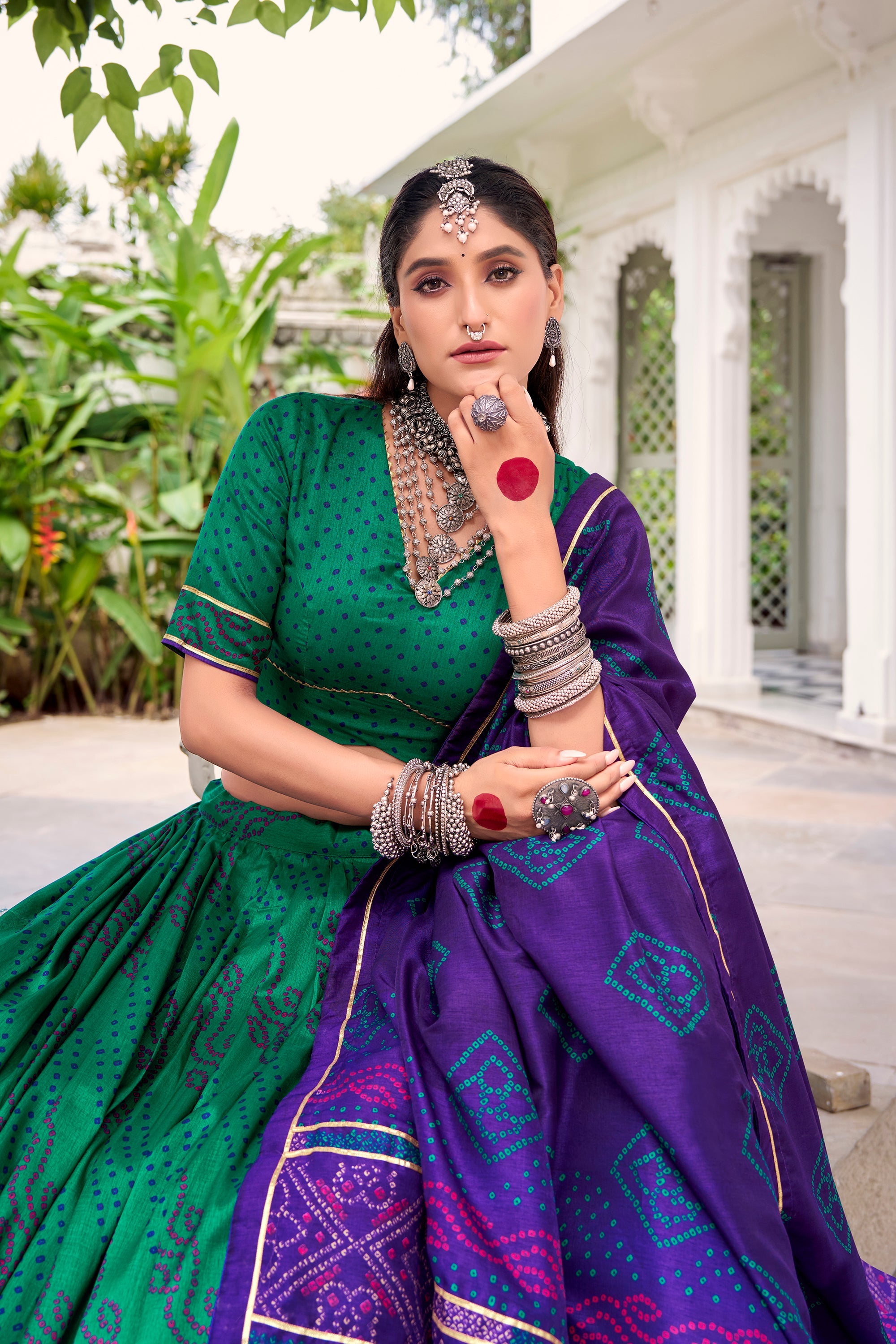 Lorenvalley Fashion Green Tasar Silk Bandhej Print With Gotta Patti Lace Touch Up Lehenga Choli with Dupatta