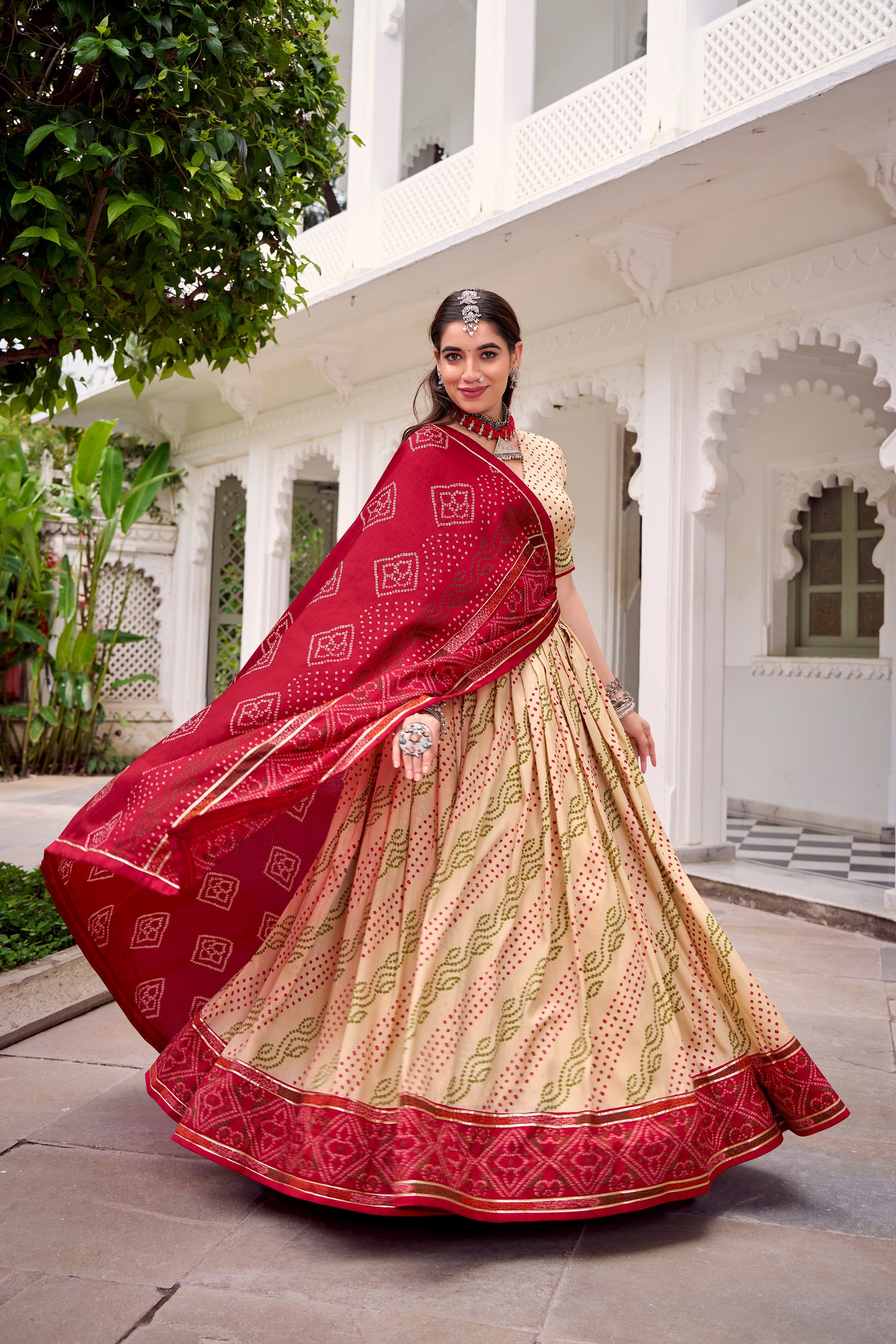 Offwhite Tasar Silk Bandhej Lehenga Choli with Gotta Patti Lace