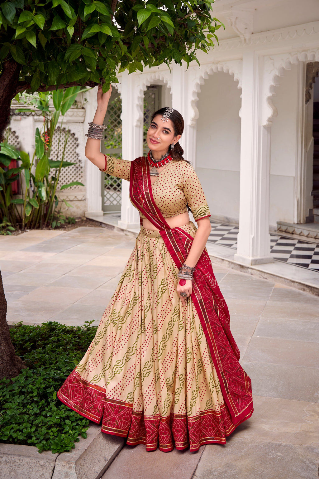 Offwhite Tasar Silk Bandhej Lehenga Choli with Gotta Patti Lace