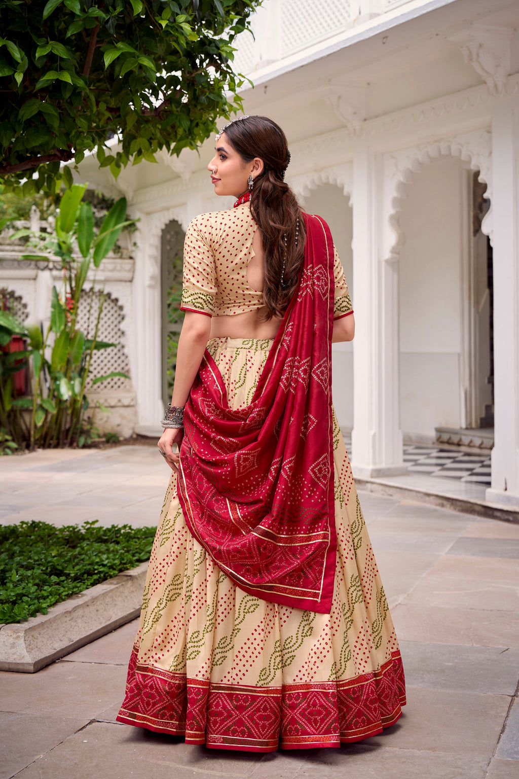 Offwhite Tasar Silk Bandhej Lehenga Choli with Gotta Patti Lace