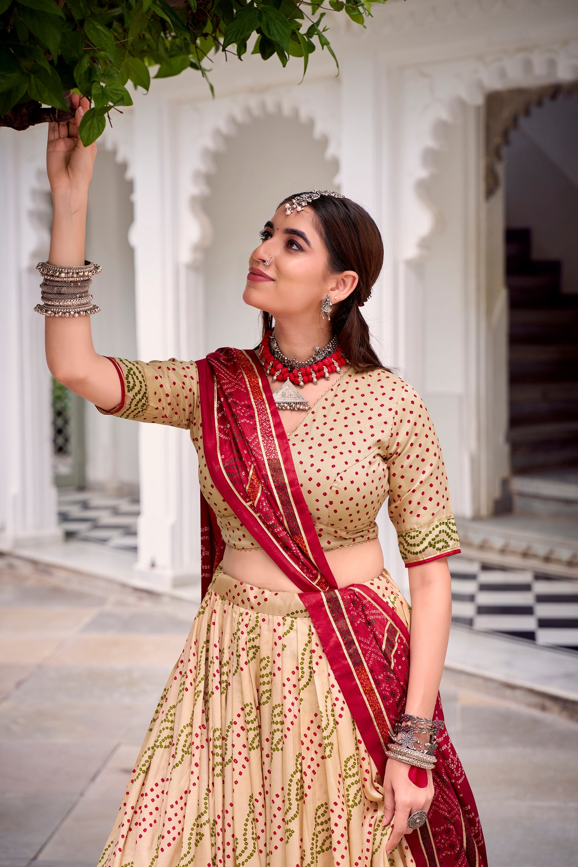 Offwhite Tasar Silk Bandhej Lehenga Choli with Gotta Patti Lace