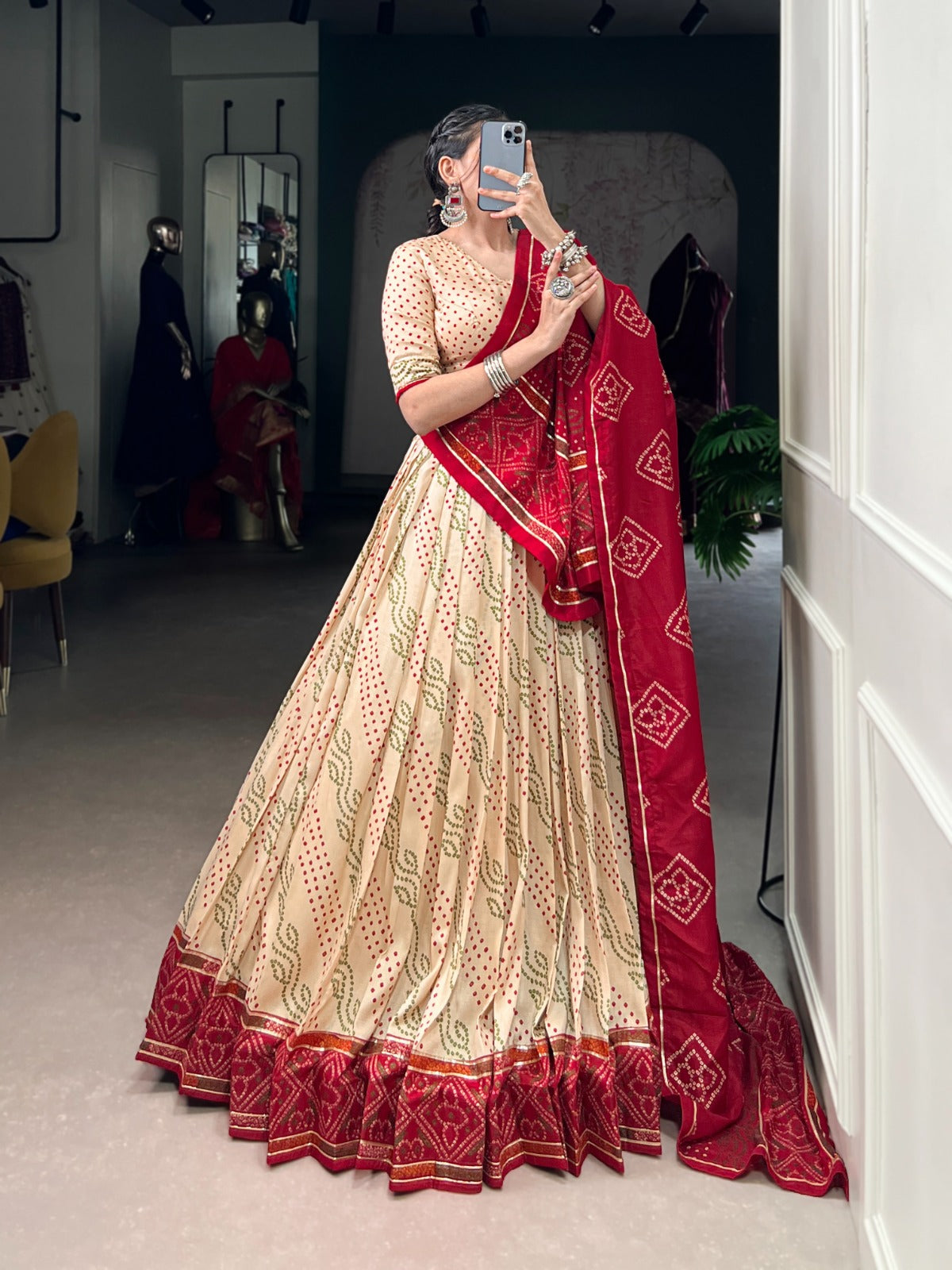 Lorenvalley Fashion Offwhite Tasar Silk Bandhej Print With Gotta Patti Lace Touch Up Lehenga Choli with Dupatta