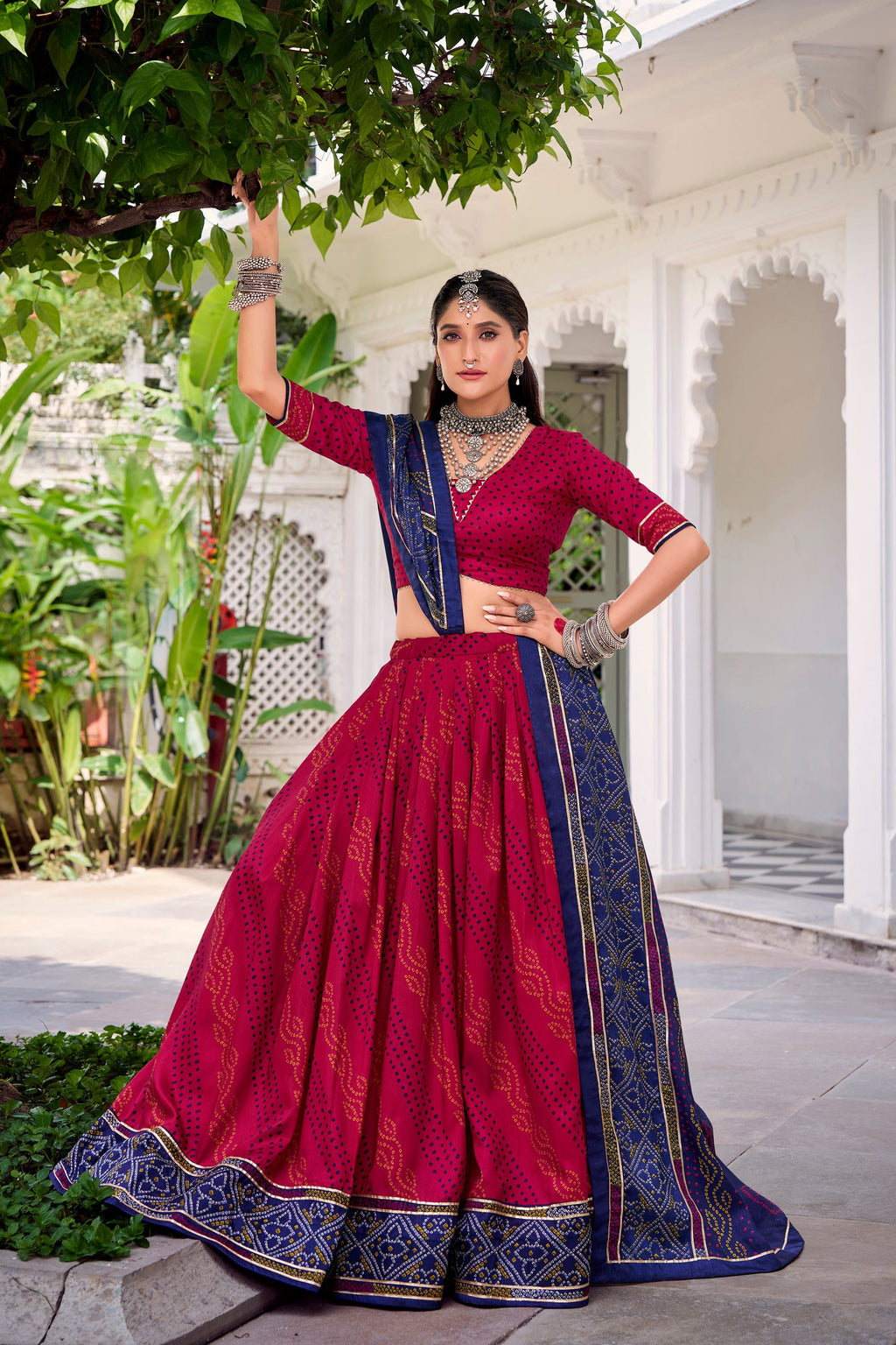 Pink Tasar Silk Bandhej Lehenga Choli with Gotta Patti lace border.