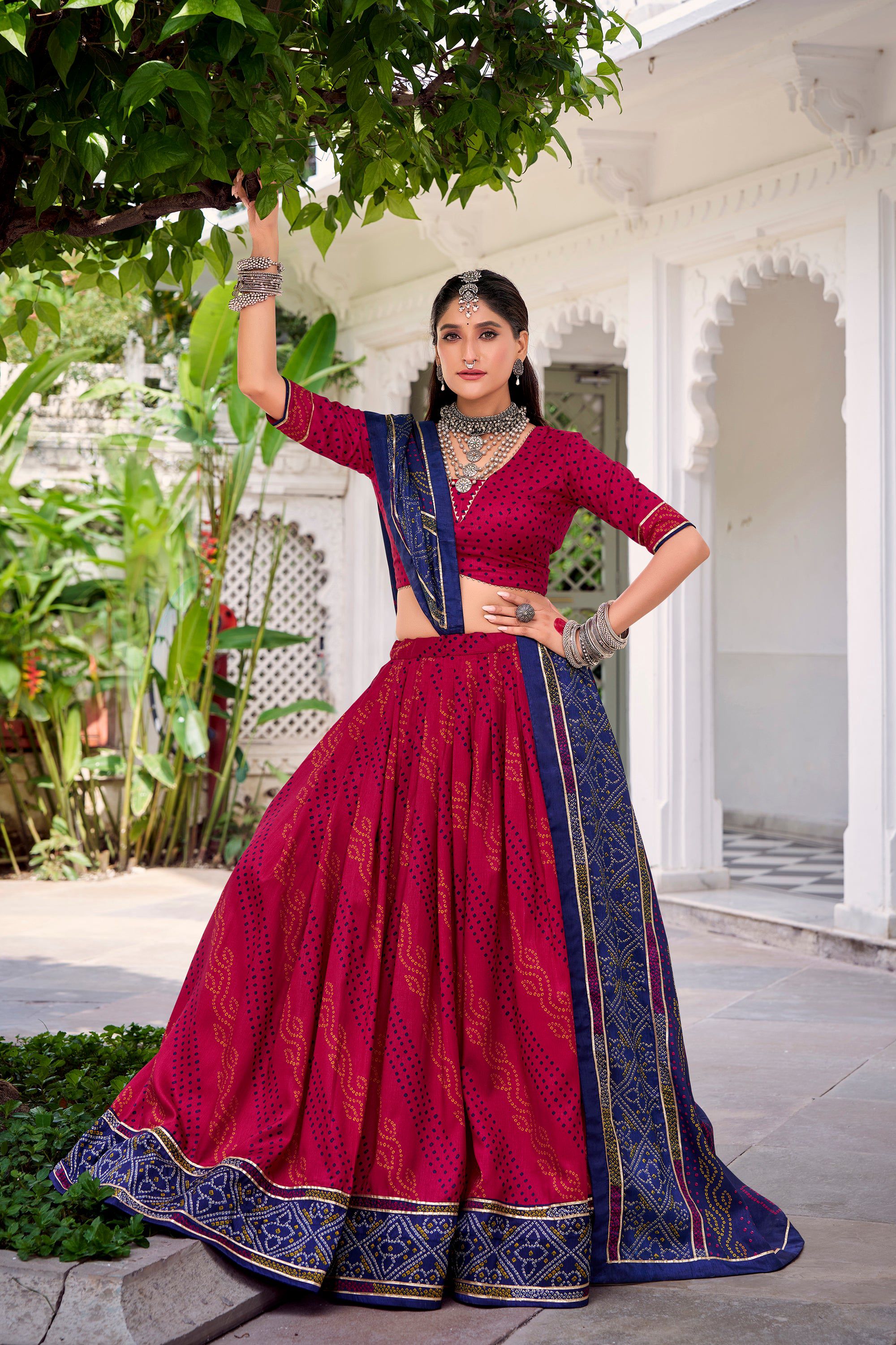 Pink Tasar Silk Bandhej Lehenga Choli with Gotta Patti lace border.