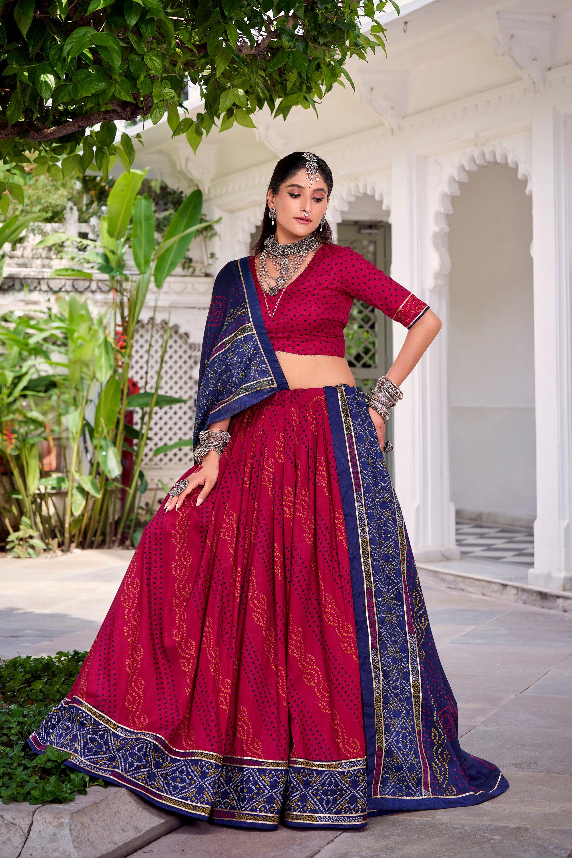 Pink Tasar Silk Bandhej Lehenga Choli with Gotta Patti Lace