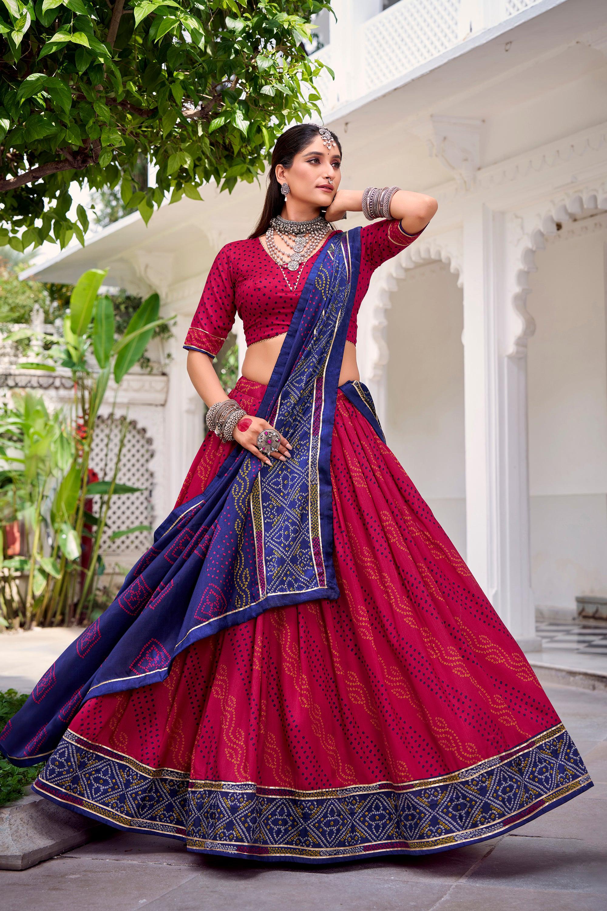 Pink Tasar Silk Bandhej Lehenga Choli with Gotta Patti Lace