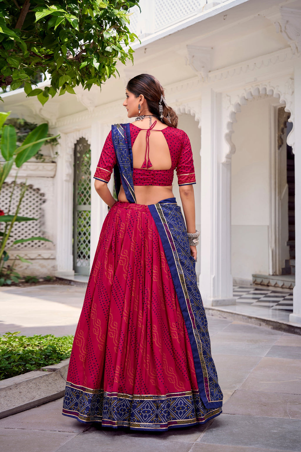 Pink Tasar Silk Bandhej Lehenga Choli with Gotta Patti Lace