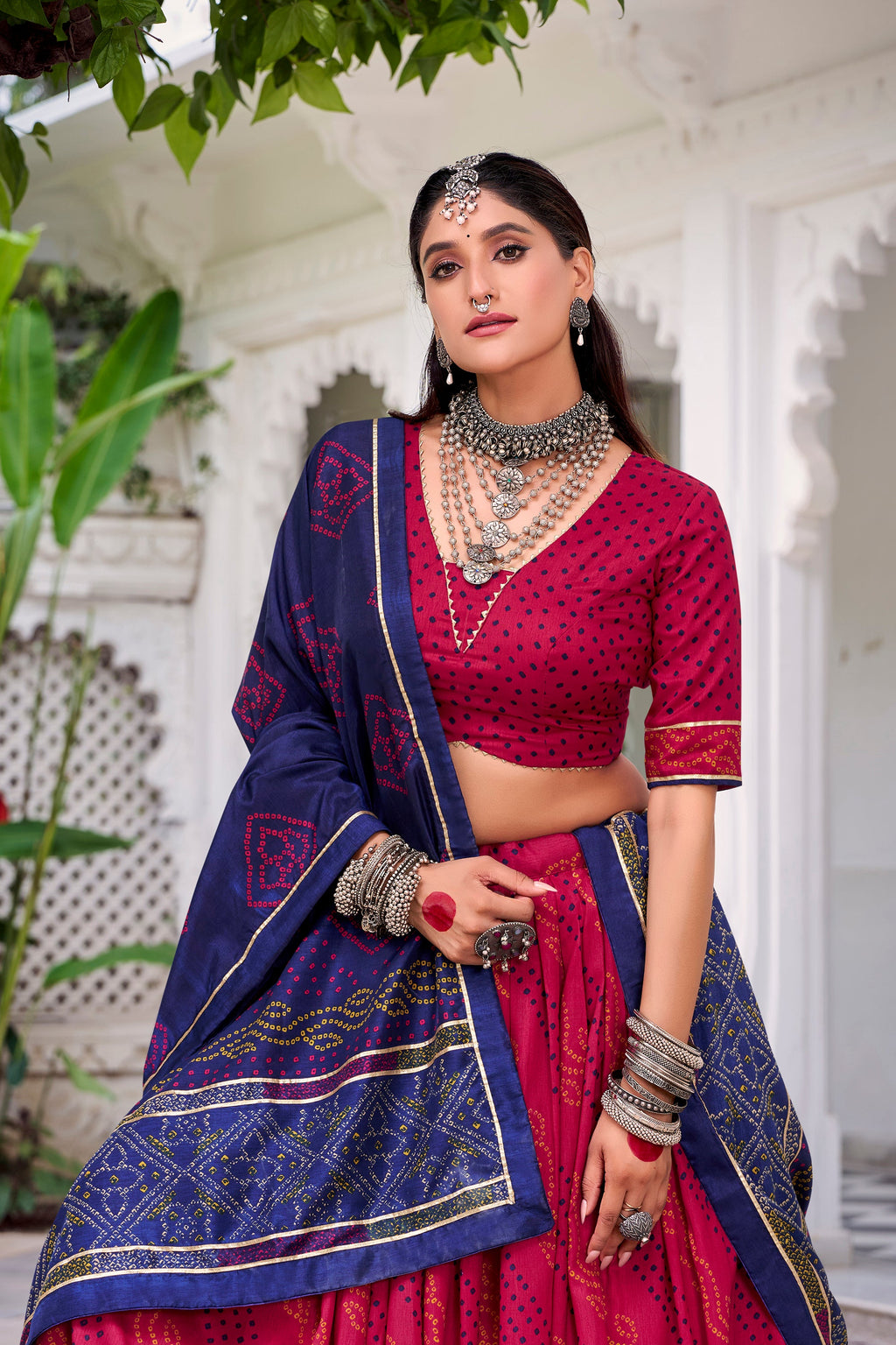Pink Tasar Silk Bandhej Lehenga Choli with Gotta Patti Lace