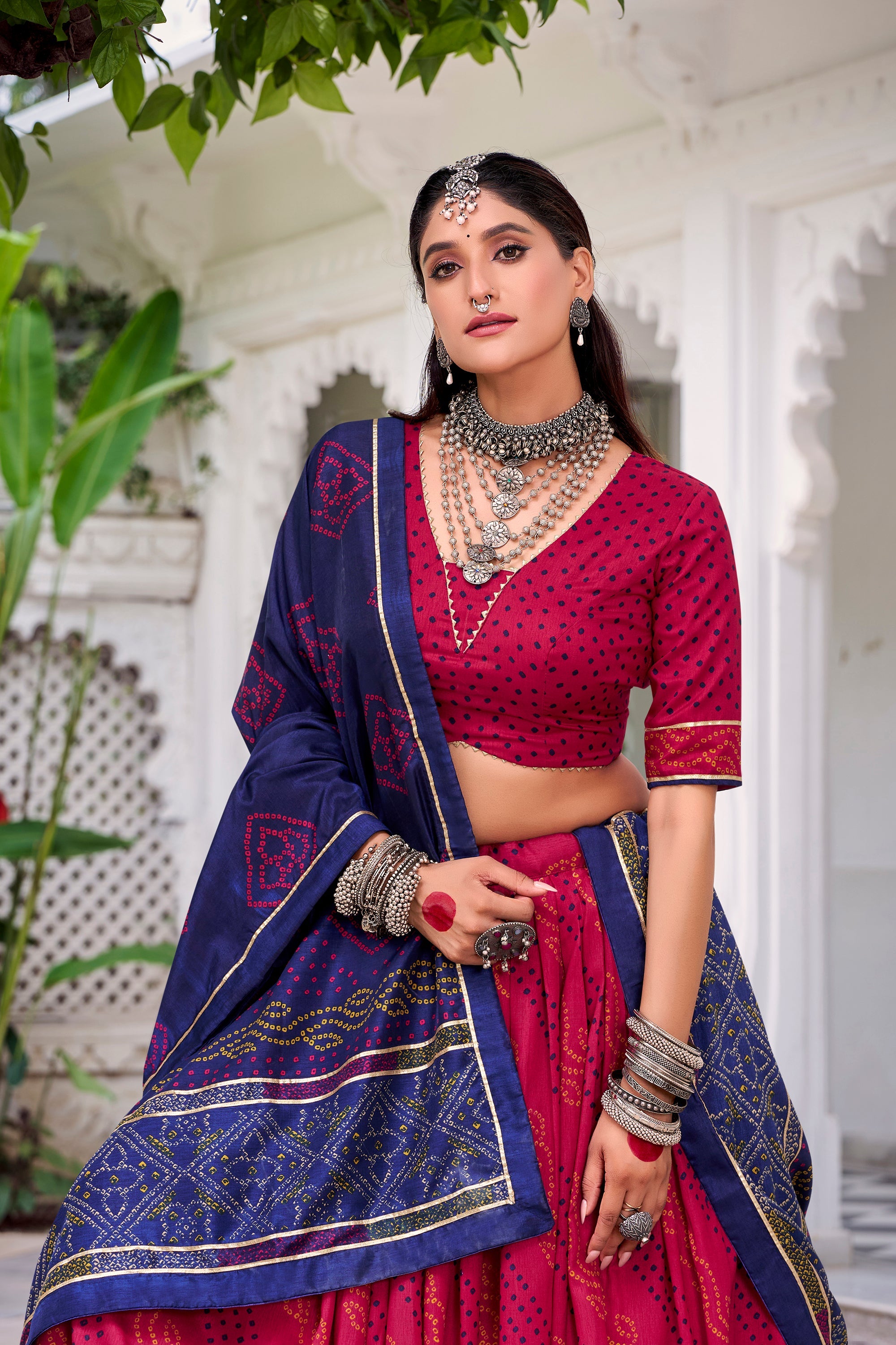 Pink Tasar Silk Bandhej Lehenga Choli with Gotta Patti Lace