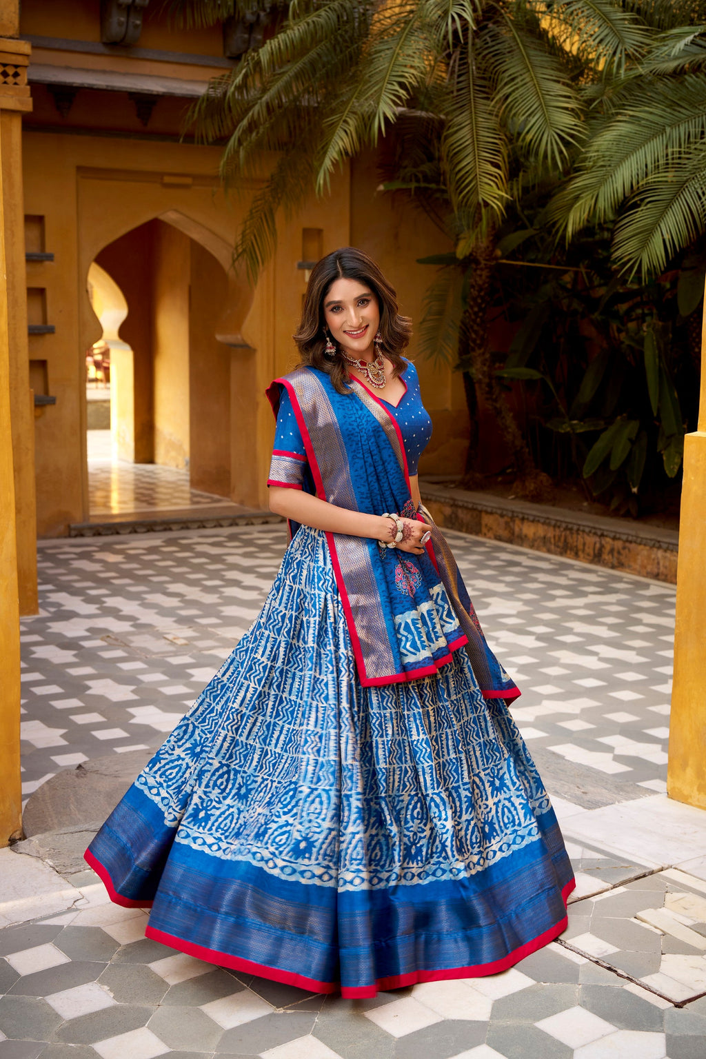 Blue Dola Silk Batik Print Lehenga Choli with Zari Weaving