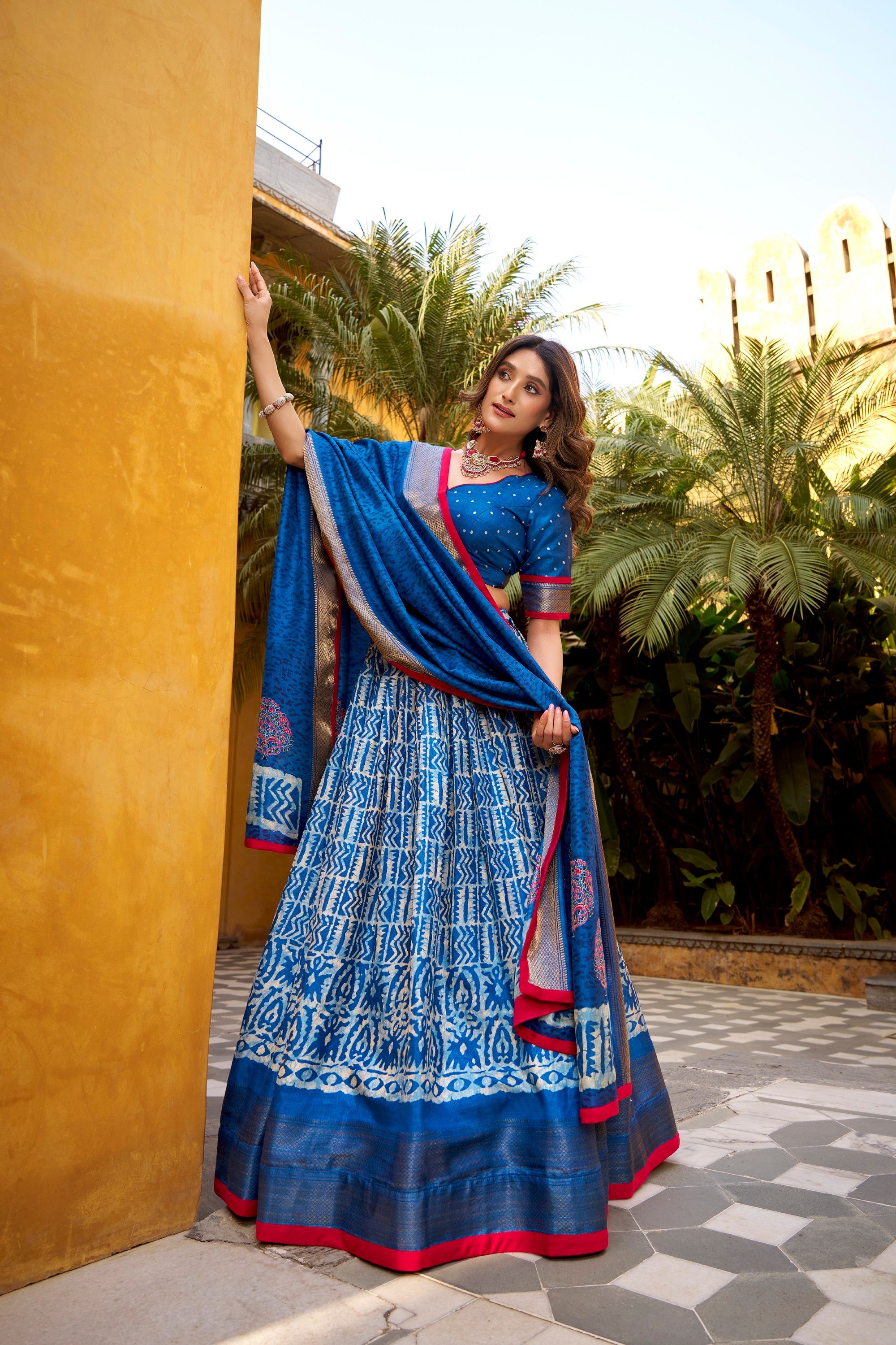 Blue Dola Silk Batik Print Lehenga Choli with Zari Weaving