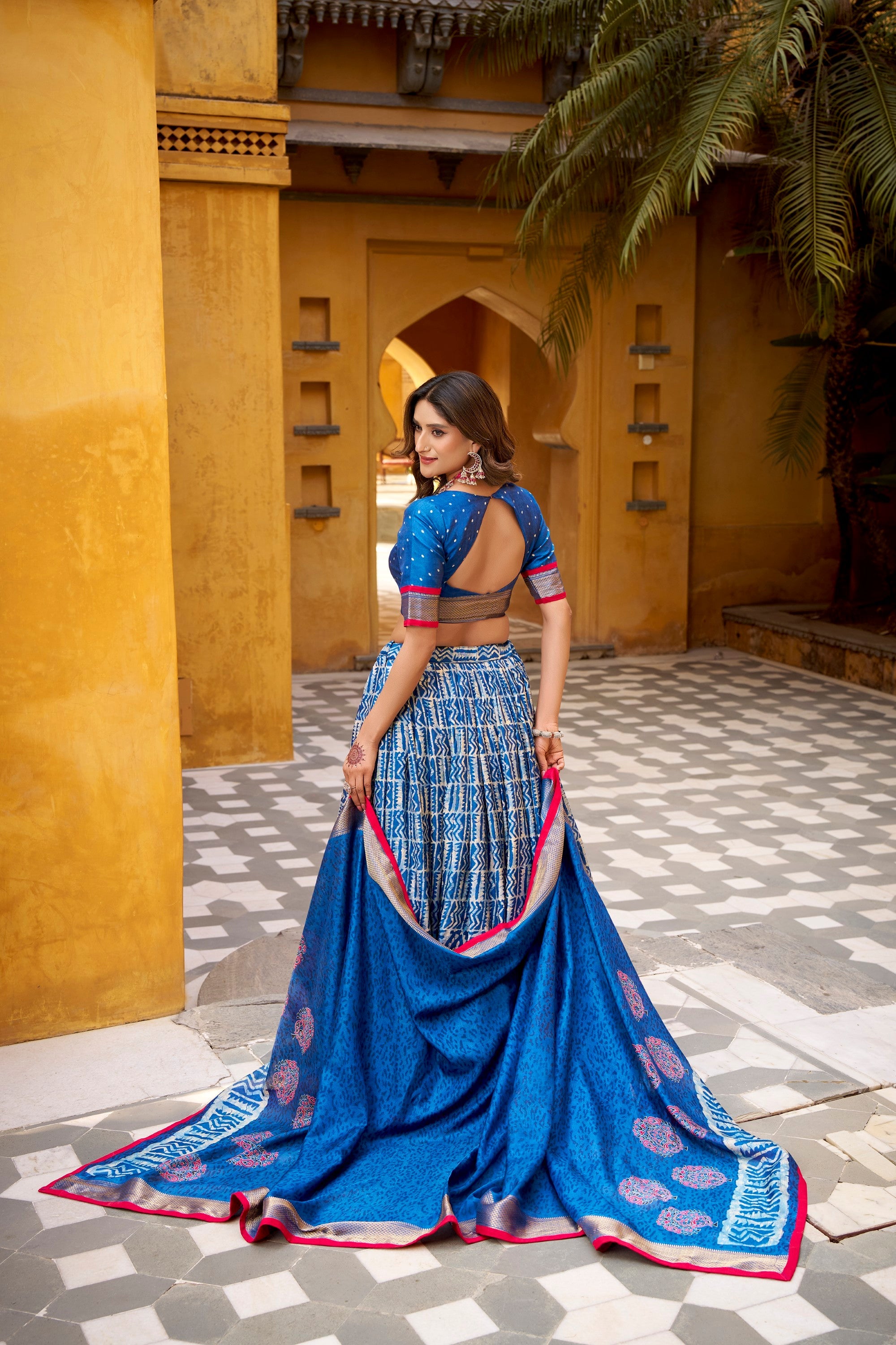 Blue Dola Silk Batik Print Lehenga Choli with Zari Weaving