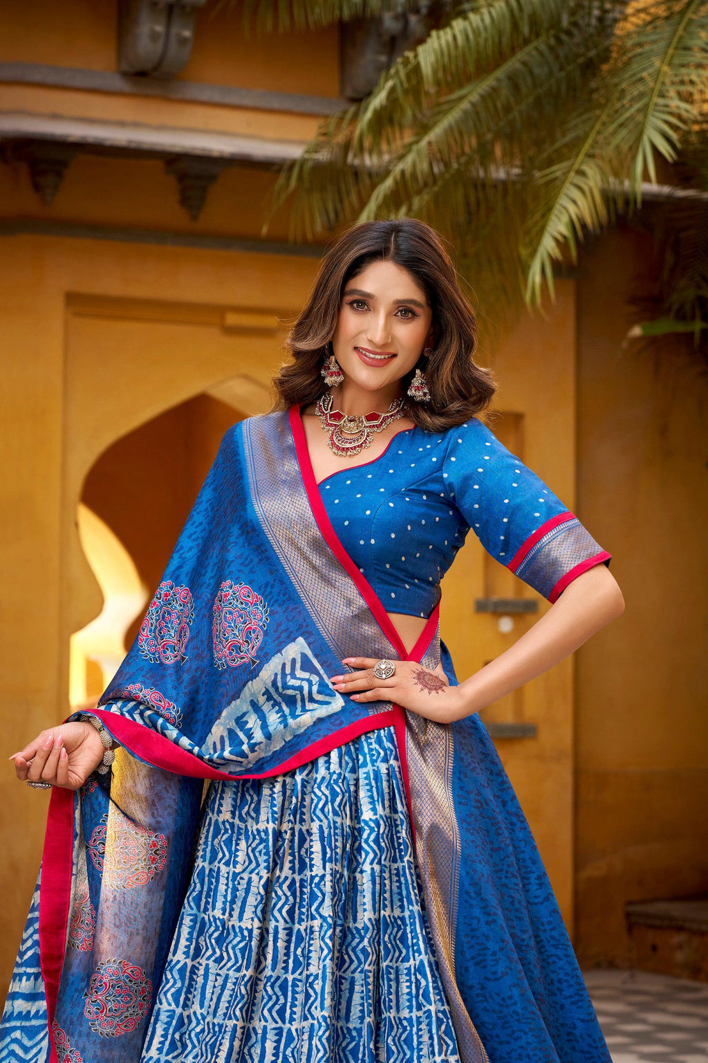 Blue Dola Silk Batik Print Lehenga Choli with Zari Weaving