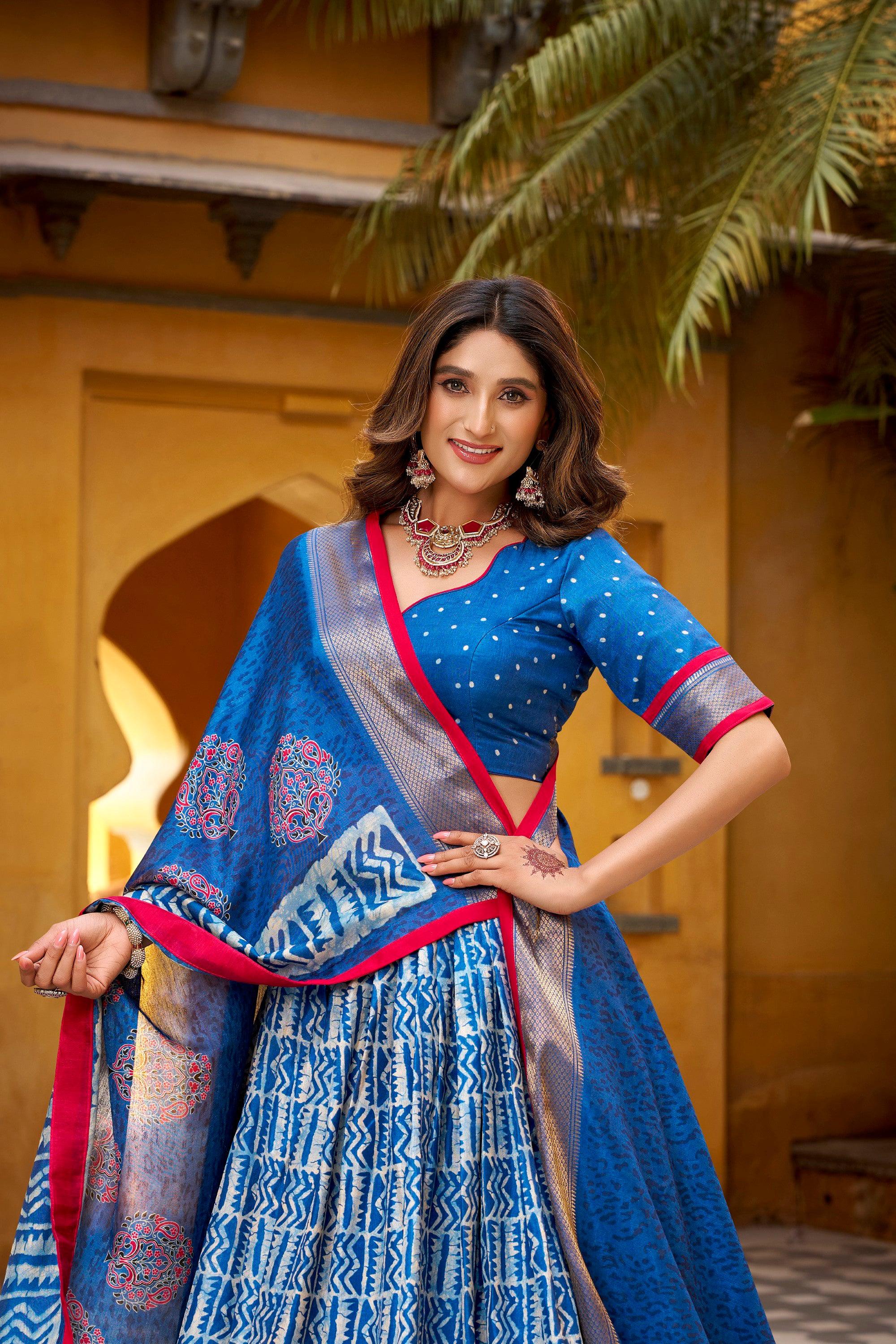 Blue Dola Silk Batik Print Lehenga Choli with Zari Weaving