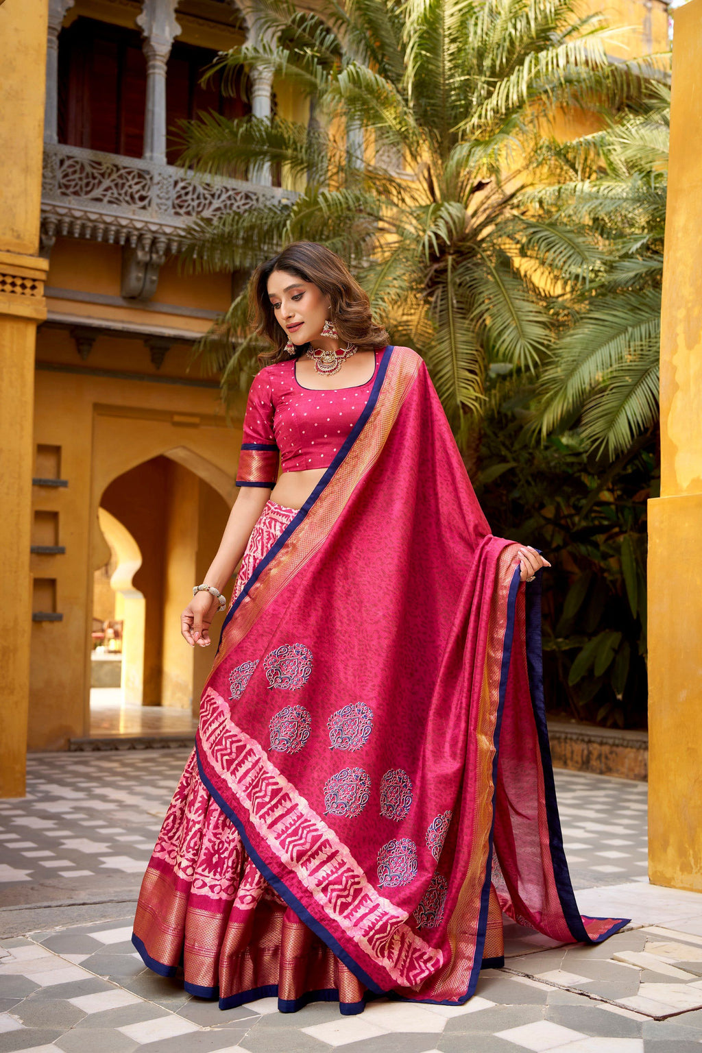 Gajari Dola Silk Batik Print Lehenga Choli with Zari Weaving