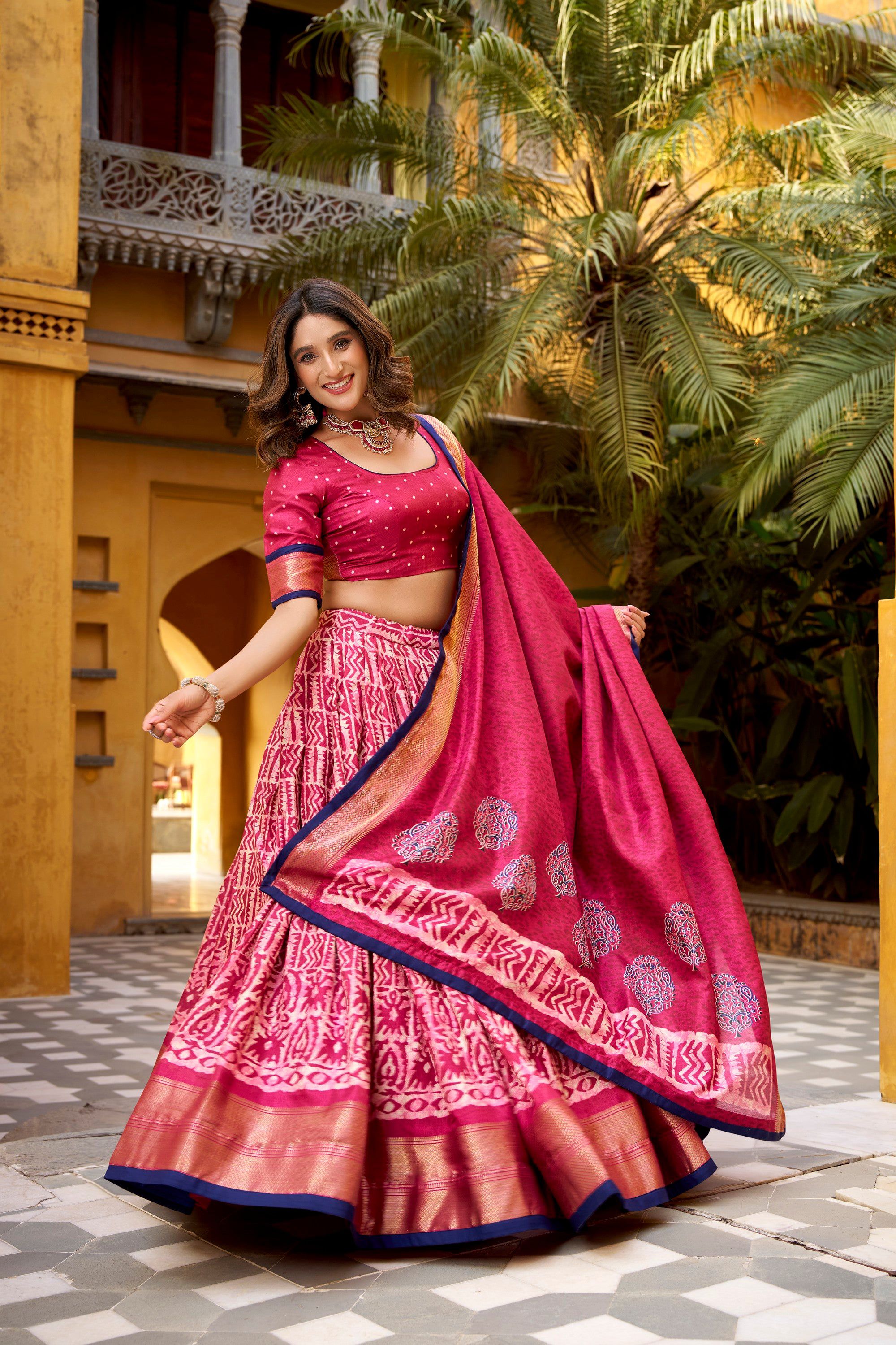 Gajari Dola Silk Batik Print Lehenga Choli with Zari Weaving