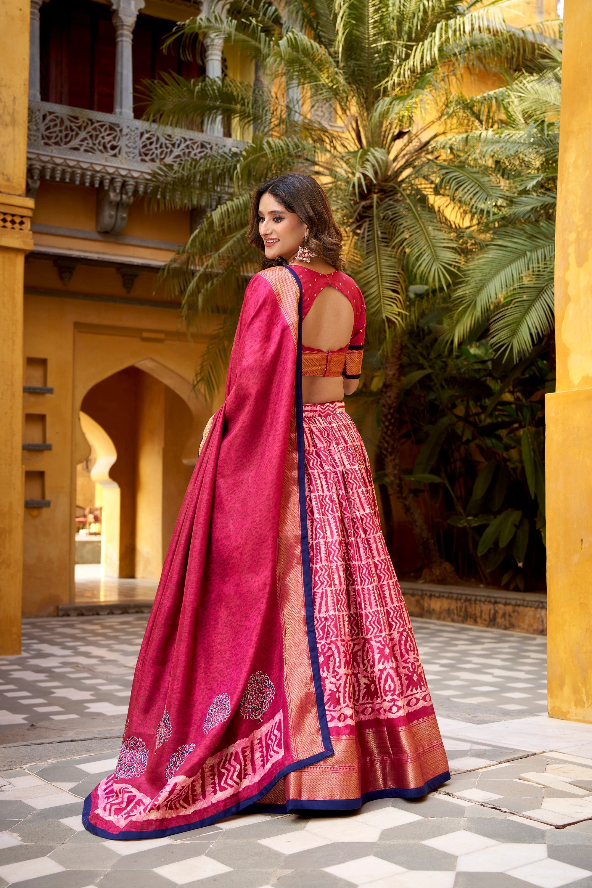 Gajari Dola Silk Batik Print Lehenga Choli with Zari Weaving