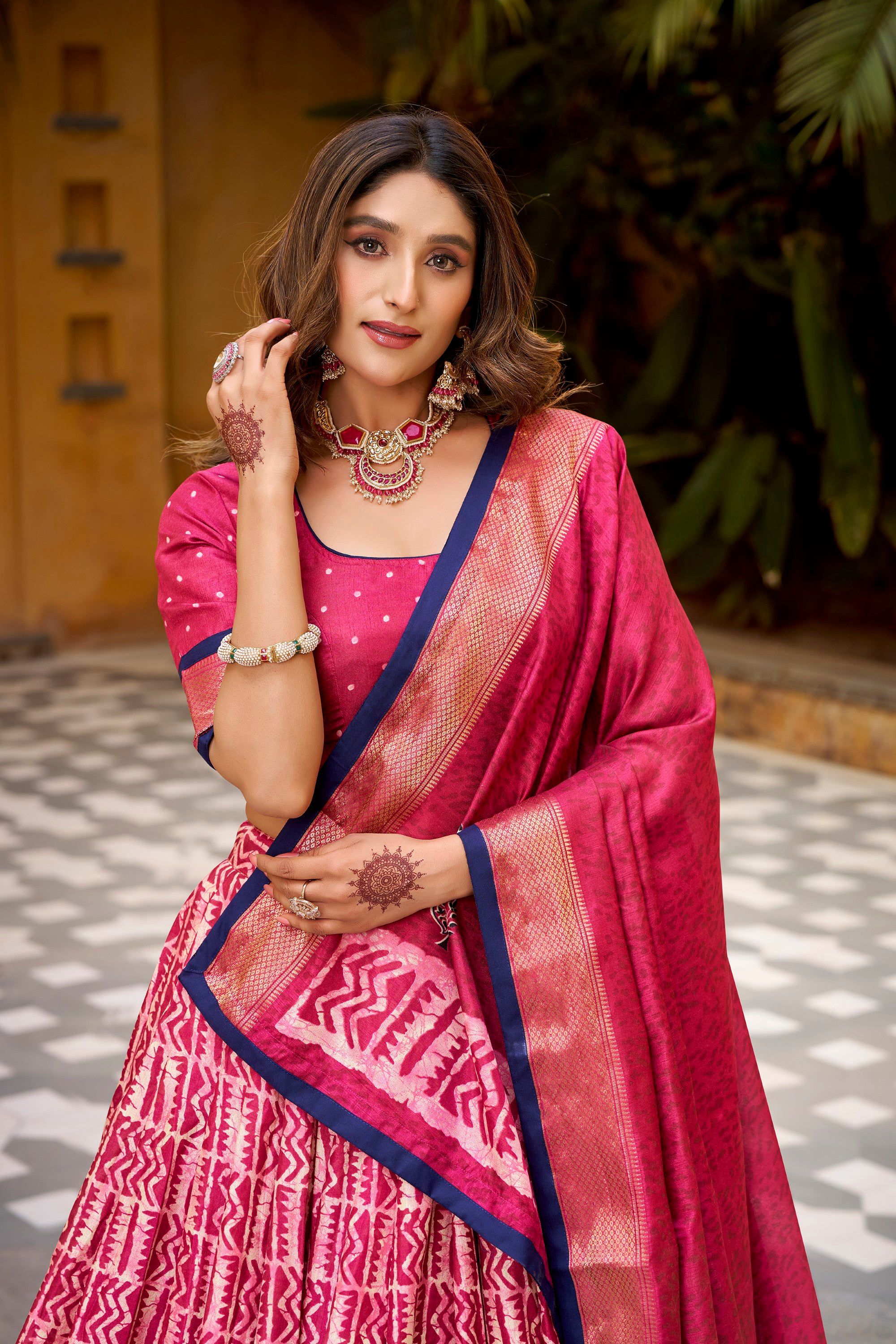 Gajari Dola Silk Batik Print Lehenga Choli with Zari Weaving