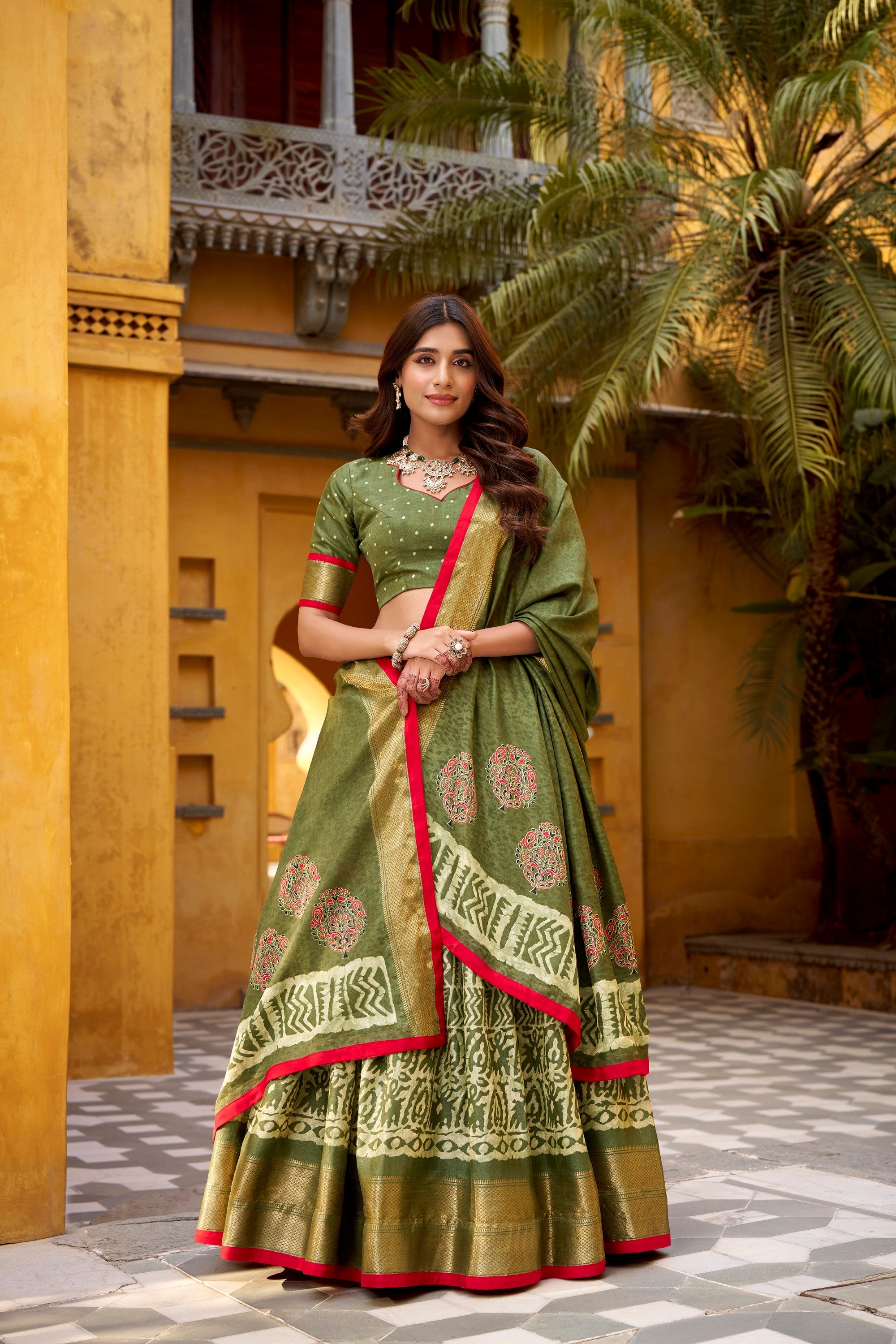 Mehendi Dola Silk lehenga choli with Batik print and Zari weaving