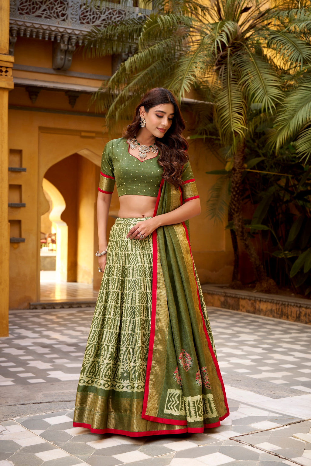 Mehendi Dola Silk Batik Print Lehenga Choli with Zari Weaving