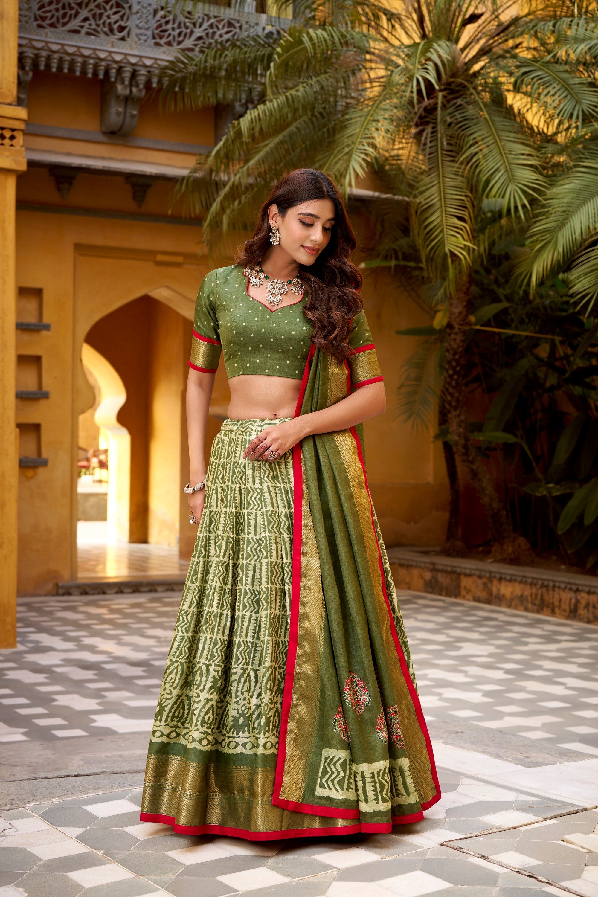 Mehendi Dola Silk Batik Print Lehenga Choli with Zari Weaving