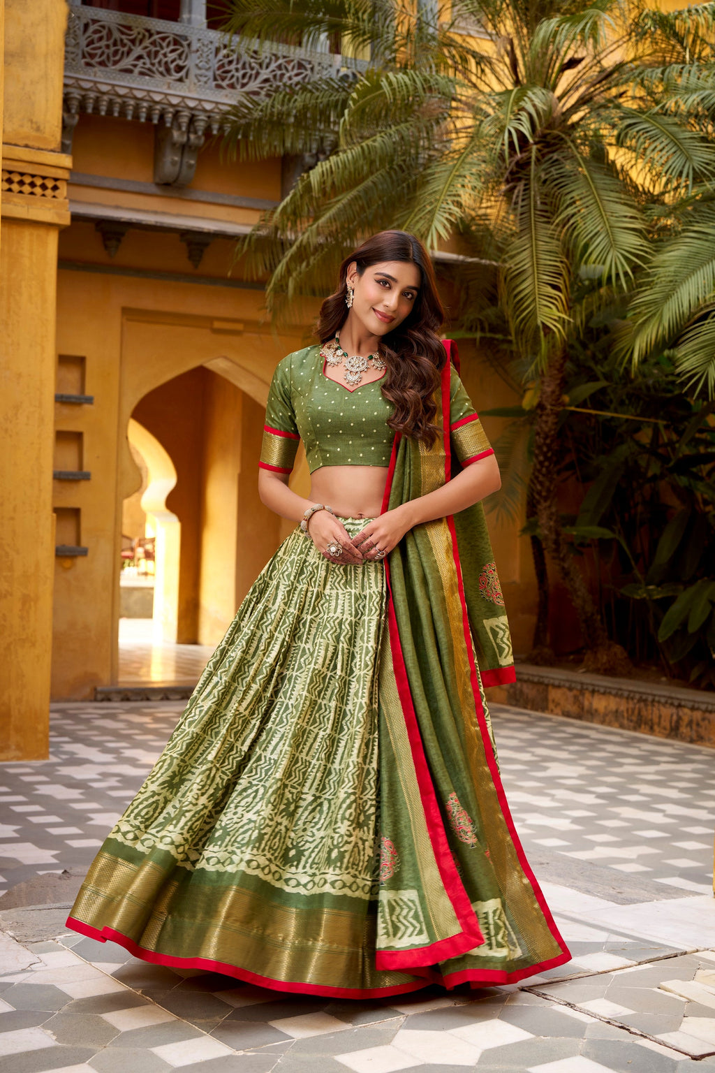 Mehendi Dola Silk Batik Print Lehenga Choli with Zari Weaving