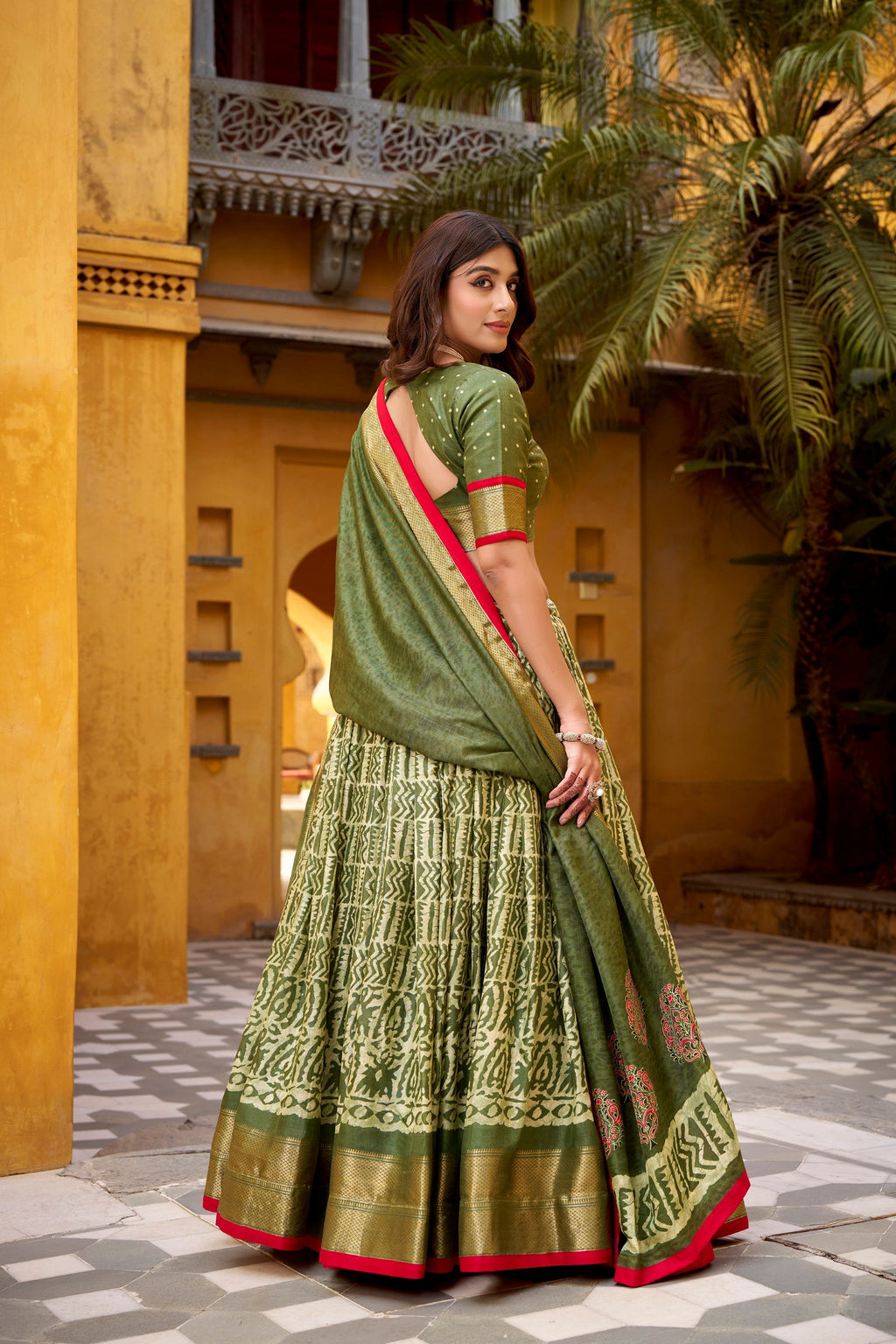 Mehendi Dola Silk Batik Print Lehenga Choli with Zari Weaving