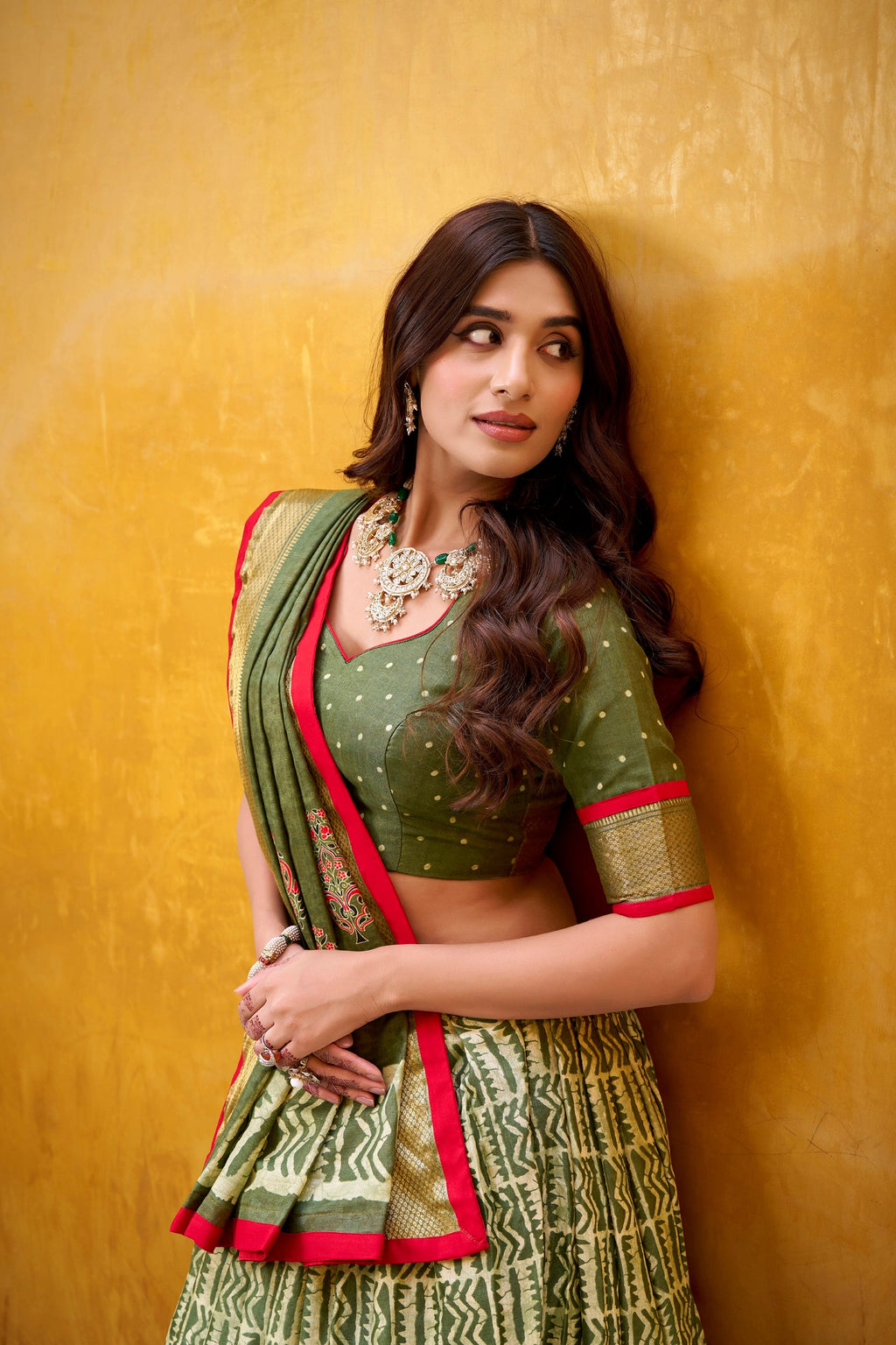 Mehendi Dola Silk Batik Print Lehenga Choli with Zari Weaving