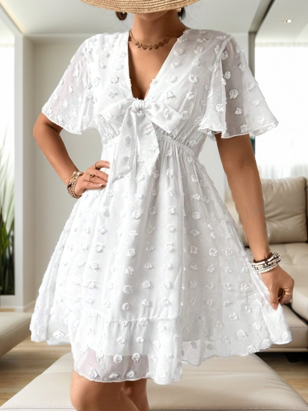 Women Summer V Neck Short Sleeve A Line Dress