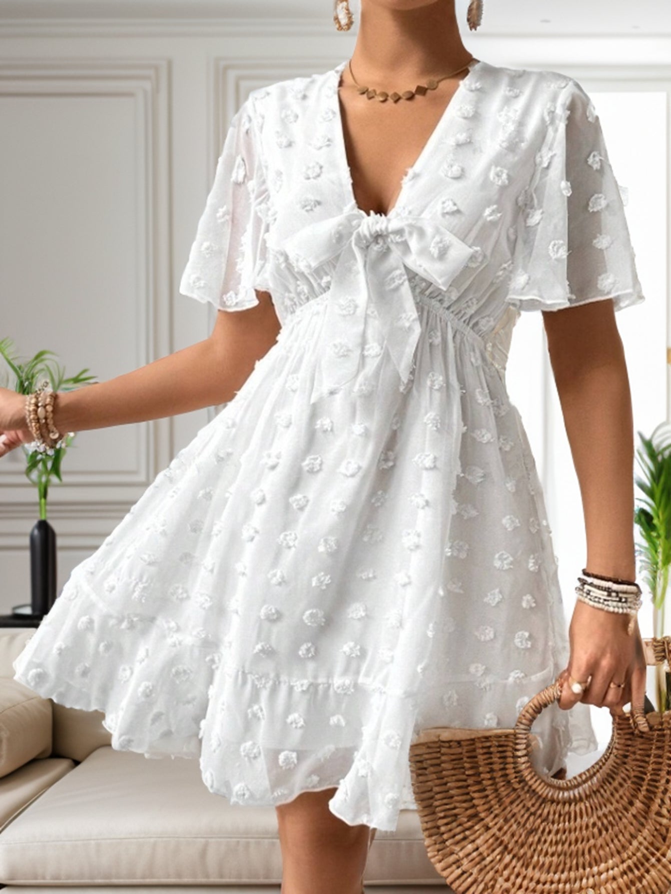 Women Summer V Neck Short Sleeve A Line Dress