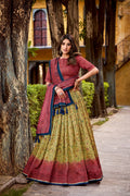 Multicolor Vichitra Silk printed lehenga choli set with cancan and drawstring closure