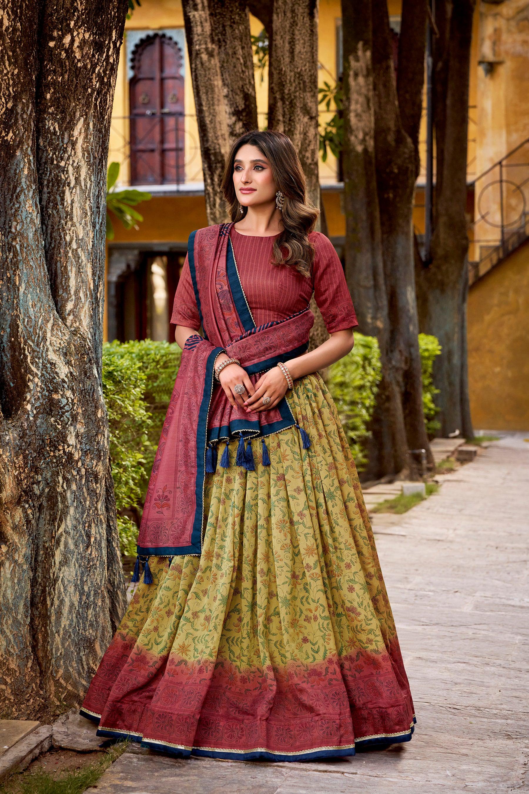 Multicolor Vichitra Silk Printed Lehenga Choli with Dupatta Set