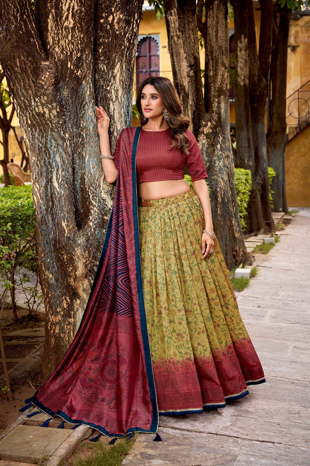 Multicolor Vichitra Silk Printed Lehenga Choli with Dupatta Set