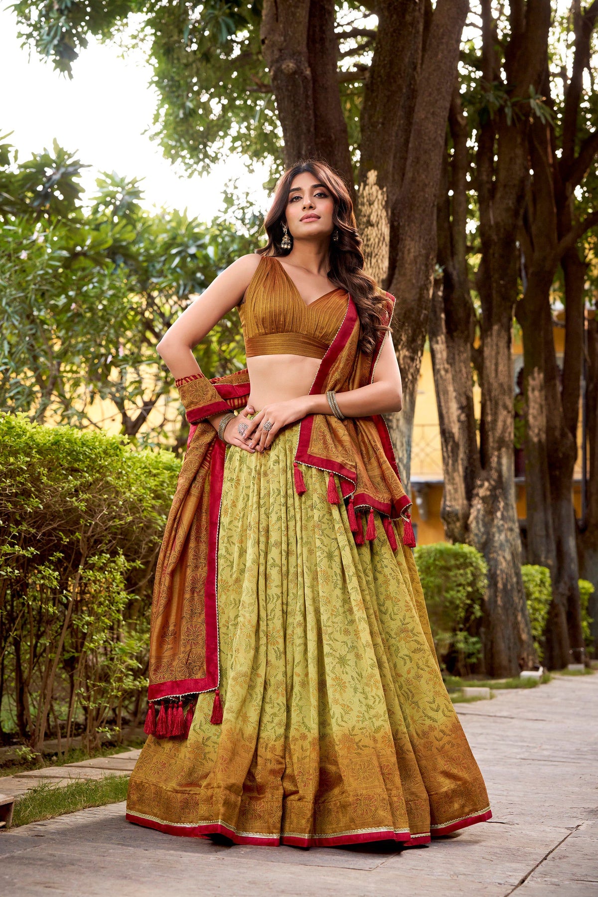 Multicolor Vichitra Silk printed lehenga choli set with cancan and drawstring closure