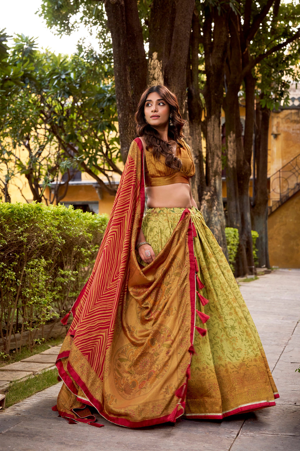 Multicolor Vichitra Silk Printed Lehenga Choli with Dupatta Set