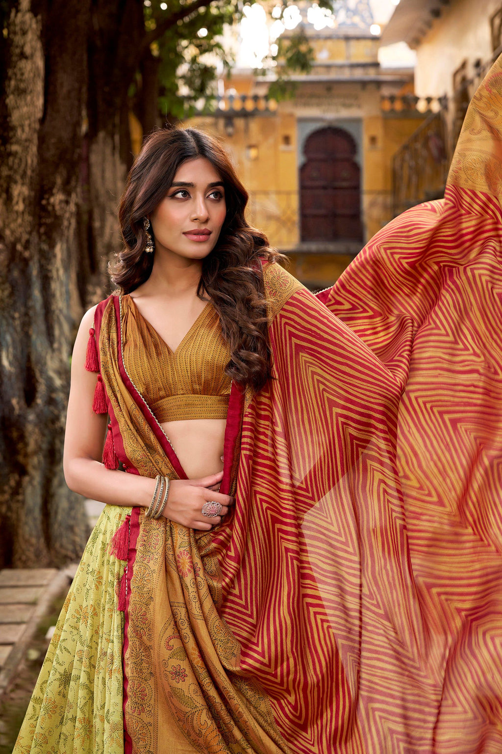 Multicolor Vichitra Silk Printed Lehenga Choli with Dupatta Set